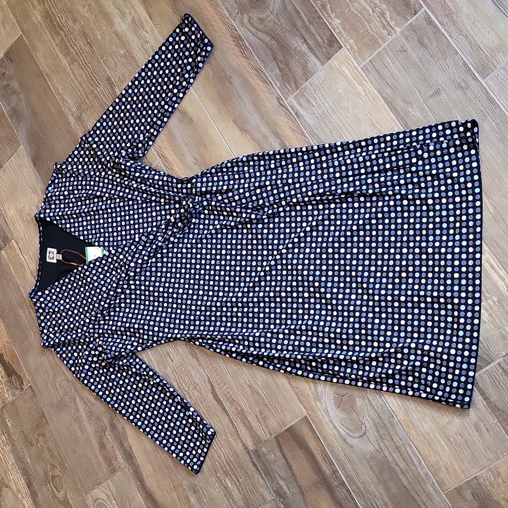 Anne Klein Navy and White Polka Dot Long Sleeve Wrap Dress - Picture 2 of 14